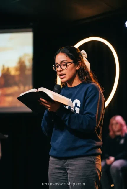 Joven mujer gafas moño blanco leyendo biblia abierta micrófono escenario oscuro aro luz circular cálida halo adoración contemporánea vertical desenfoque fondo