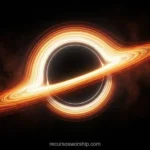 Agujero negro disco acrecion naranja halo gravitacional nebulosa roja estrellas espacio horizontal cinematico