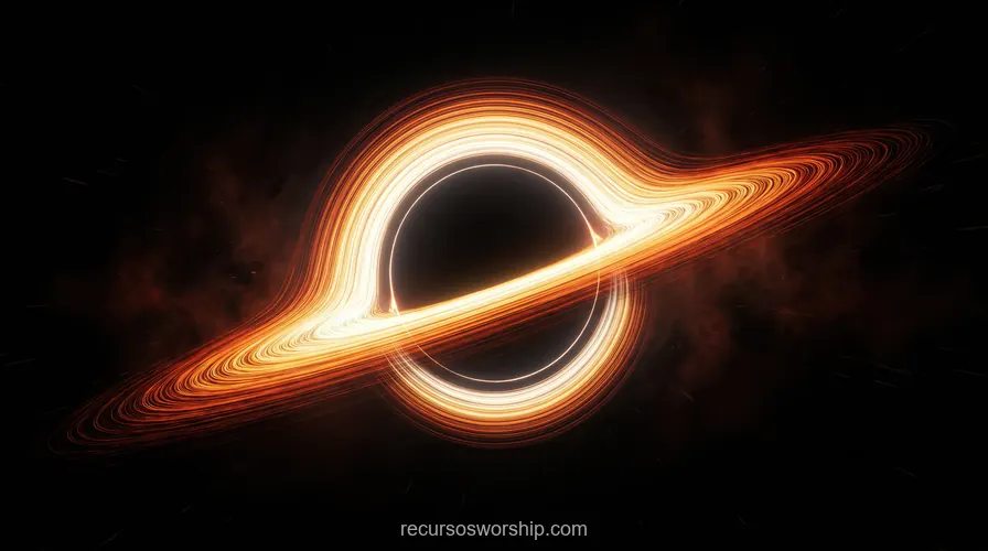 Agujero negro disco acrecion naranja halo gravitacional nebulosa roja estrellas espacio horizontal cinematico