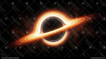 Agujero negro disco acrecion naranja halo gravitacional nebulosa roja estrellas espacio horizontal cinematico