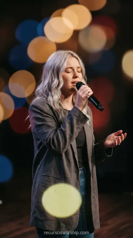 Mujer rubia cantando ojos cerrados microfono blazer gris fondo oscuro luces bokeh calidas naranja amarillo adoracion alabanza vertical cinematografica