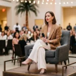 Mujer profesional oradora sentada sillon gris microfono blazer camel pantalon blanco salon eventos luces colgantes audiencia desenfocada liderazgo horizontal elegante