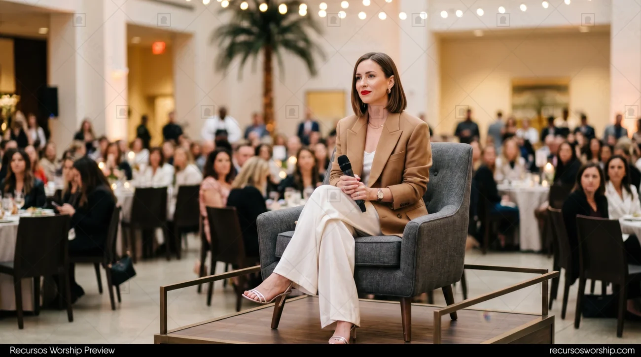 Mujer profesional oradora sentada sillon gris microfono blazer camel pantalon blanco salon eventos luces colgantes audiencia desenfocada liderazgo horizontal elegante