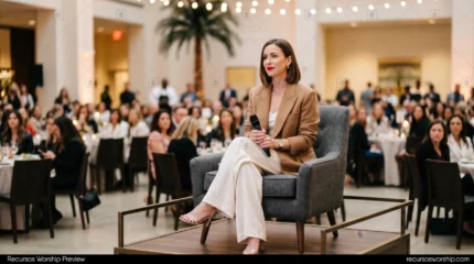Mujer profesional oradora sentada sillon gris microfono blazer camel pantalon blanco salon eventos luces colgantes audiencia desenfocada liderazgo horizontal elegante