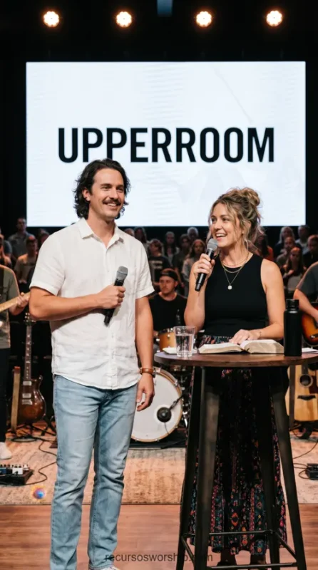 Pareja hombre mujer predicando microfonos camisa blanca falda oscura biblia abierta mesa madera pantalla UPPERROOM escenario iglesia banda bateria luces culto vertical luminoso