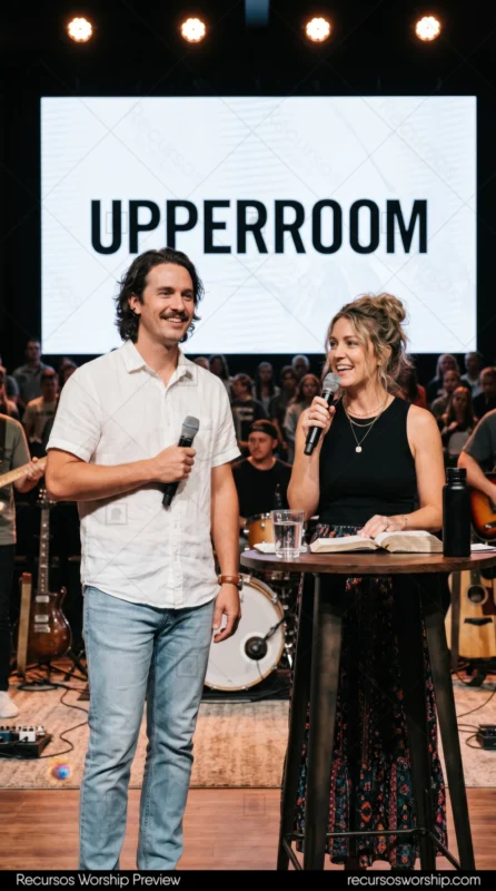 Pareja hombre mujer predicando microfonos camisa blanca falda oscura biblia abierta mesa madera pantalla UPPERROOM escenario iglesia banda bateria luces culto vertical luminoso