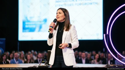 Mujer conferencista blazer blanco cuello negro microfono control remoto pantalla innovation future luces neon circulo purpura audiencia desenfocada escenario horizontal profesional