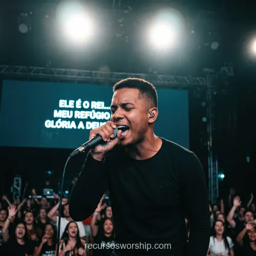 Hombre negro cantando microfono camiseta negra ojos cerrados pantalla ELE E O REI multitud manos alzadas luces escenario concierto adoracion cuadrado oscuro