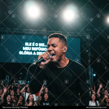 Hombre negro cantando microfono camiseta negra ojos cerrados pantalla ELE E O REI multitud manos alzadas luces escenario concierto adoracion cuadrado oscuro