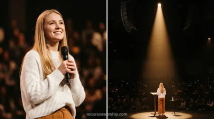 Mujer rubia lider microfono sueter blanco sonrisa diptico spotlight atrio madera auditorio multitud luces celulares escenario oscuro horizontal inspiracional