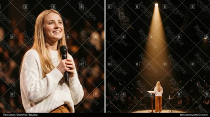 Mujer rubia lider microfono sueter blanco sonrisa diptico spotlight atrio madera auditorio multitud luces celulares escenario oscuro horizontal inspiracional