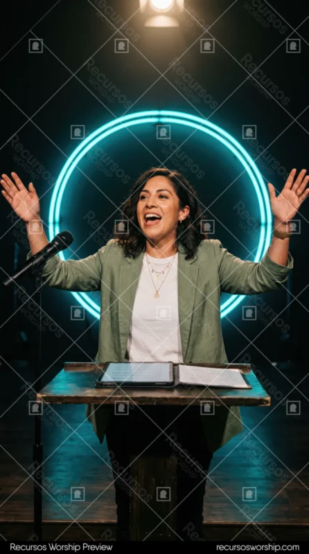 Mujer predicando brazos abiertos blazer verde camiseta blanca atril madera tablet circulo neon cian microfono escenario oscuro gozo vertical