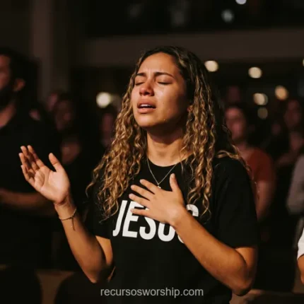 Mujer joven llorando lagrimas camiseta JESUS negro letras blancas mano pecho adoracion cabello rizado fondo multitud oscura bokeh cuadrado emotivo