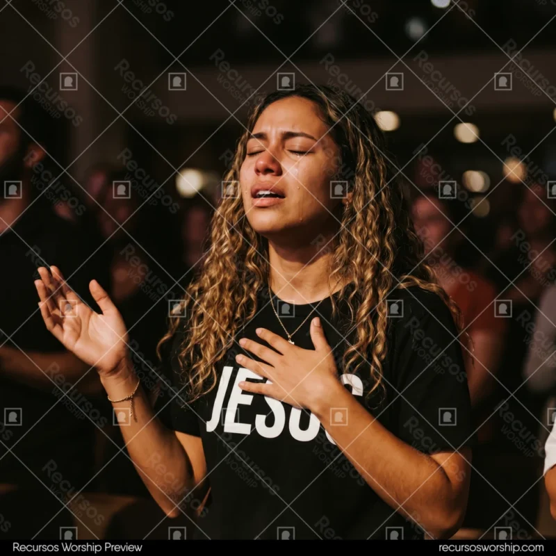 Mujer joven llorando lagrimas camiseta JESUS negro letras blancas mano pecho adoracion cabello rizado fondo multitud oscura bokeh cuadrado emotivo
