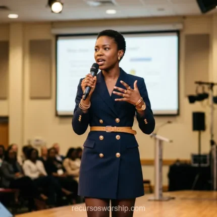 Mujer negra oradora blazer azul marino botones dorados cinturon camel microfono escenario madera audiencia pantalla joyas conferencia cuadrado profesional