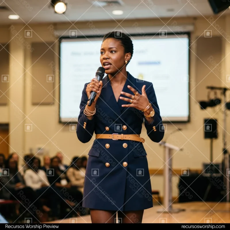 Mujer negra oradora blazer azul marino botones dorados cinturon camel microfono escenario madera audiencia pantalla joyas conferencia cuadrado profesional