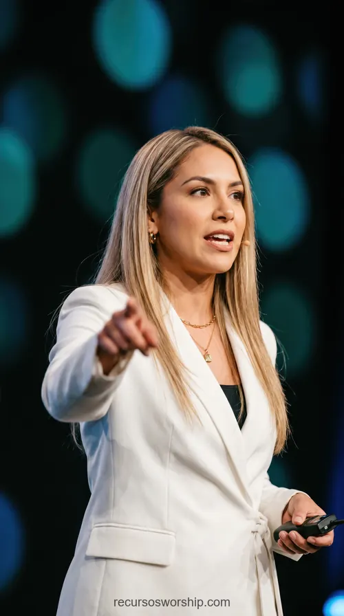 Mujer Rubia Predicando Blazer Blanco Señala Cámara Collares Dorados Bokeh Azul Vertical Mujer rubia predicando blazer blanco senala camara collares dorados control presentacion bokeh azul verde escenario oscuro vertical dinamico