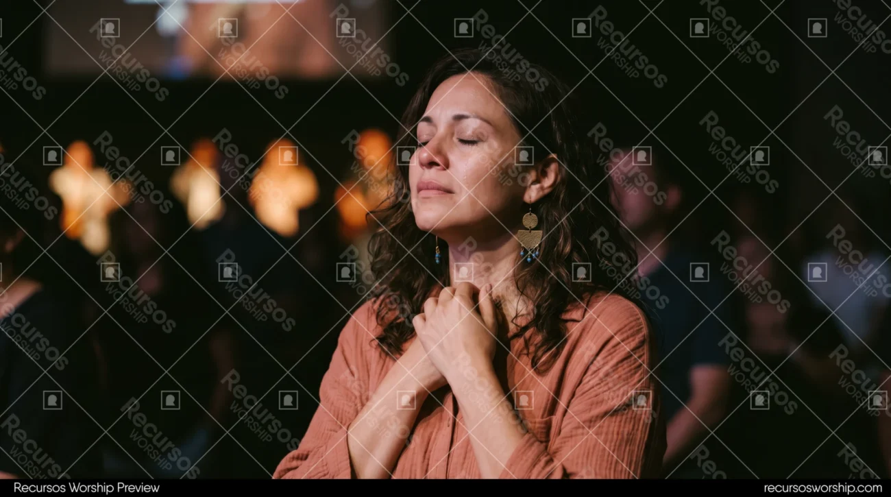 Mujer orando manos unidas pecho camisa terracota pendientes dorados ojos cerrados multitud culto luces calidas fondo oscuro horizontal intimo