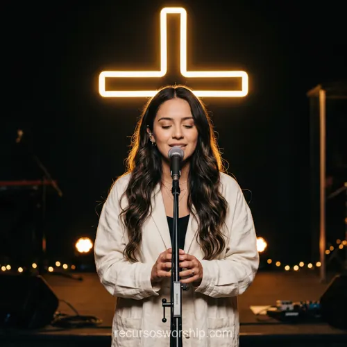 Mujer cantando microfono blazer crema cruz neon amarilla naranja halo ojos cerrados bokeh escenario oscuro teclado alabanza cuadrado