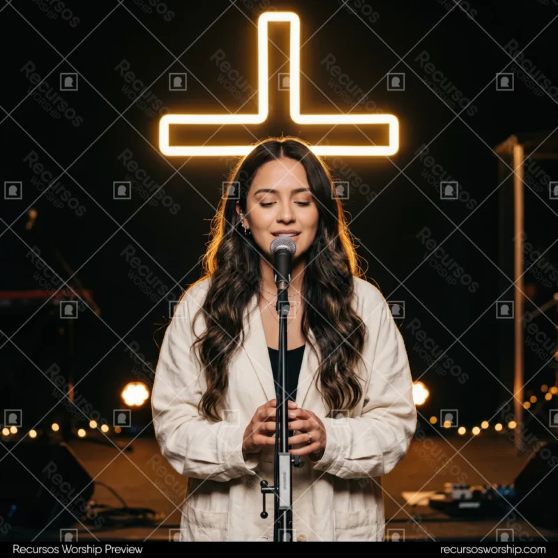 Mujer cantando microfono blazer crema cruz neon amarilla naranja halo ojos cerrados bokeh escenario oscuro teclado alabanza cuadrado
