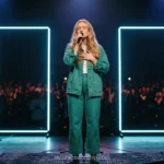 Mujer rubia cantando denim verde microfono mano pecho marcos neon cian trompeta guitarra multitud escenario oscuro worship horizontal