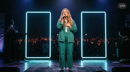 Mujer rubia cantando denim verde microfono mano pecho marcos neon cian trompeta guitarra multitud escenario oscuro worship horizontal