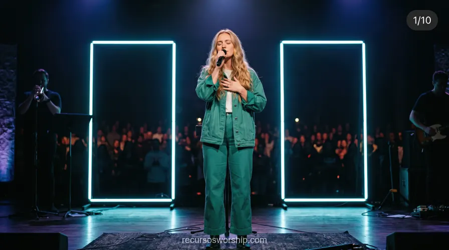 Mujer rubia cantando denim verde microfono mano pecho marcos neon cian trompeta guitarra multitud escenario oscuro worship horizontal