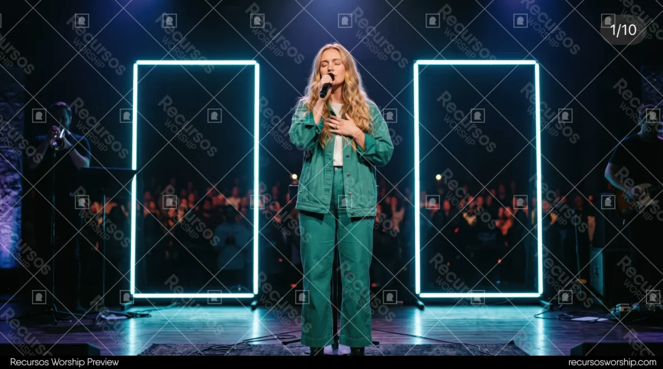 Mujer rubia cantando denim verde microfono mano pecho marcos neon cian trompeta guitarra multitud escenario oscuro worship horizontal