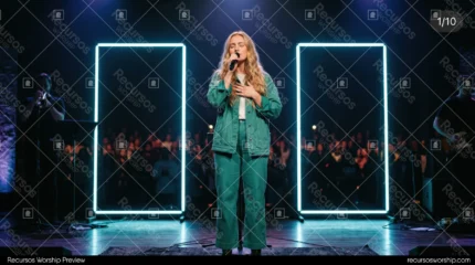 Mujer rubia cantando denim verde microfono mano pecho marcos neon cian trompeta guitarra multitud escenario oscuro worship horizontal
