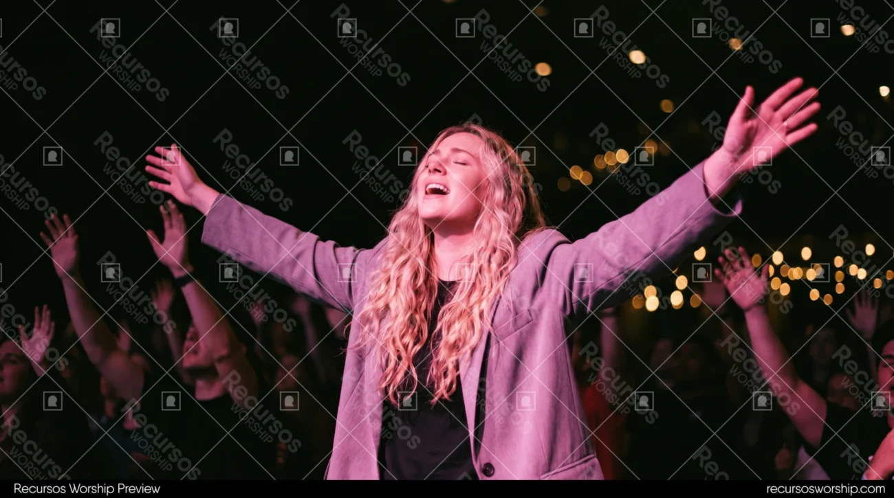 Mujer rubia adorando brazos abiertos blazer lavanda ojos cerrados canto luz rosa bokeh dorado multitud manos culto horizontal emotivo
