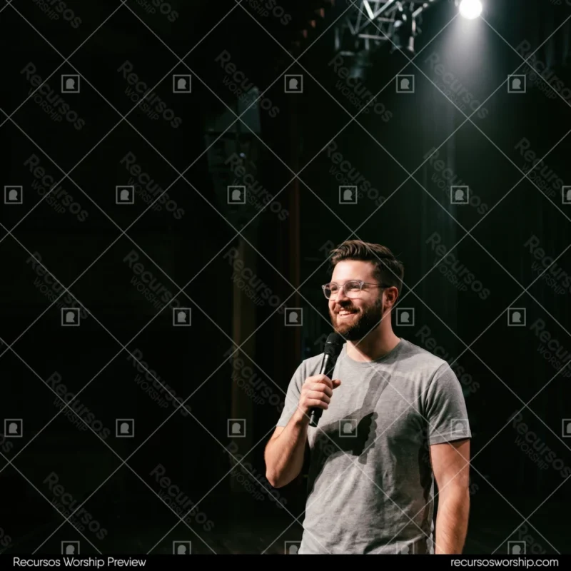 Hombre joven predicando barba lentes camiseta gris microfono spotlight sombra escenario madera oscuro fondo negro sonrisa cuadrado minimalista