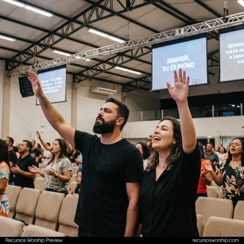 Pareja hombre mujer adorando manos alzadas ojos cerrados camisas negras congregacion pantalla SENHOR TU ES DIGNO iglesia moderna techo industrial cuadrado luminoso