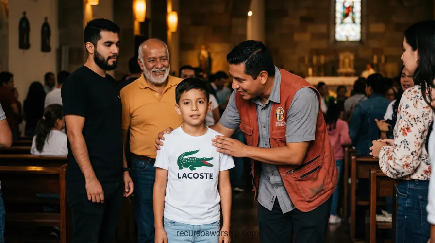 Nino camiseta verde hombres iglesia bancas madera altar vitral comunidad multigeneracional mano hombro sonrisas interior templo horizontal calido
