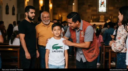 Nino camiseta verde hombres iglesia bancas madera altar vitral comunidad multigeneracional mano hombro sonrisas interior templo horizontal calido