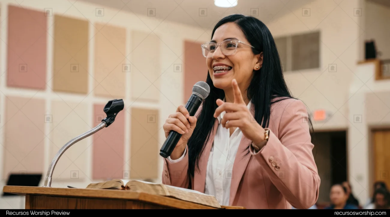 Mujer latina predicando blazer beige microfono atril madera biblia abierta escenario iglesia madera luces calidas horizontal profesional