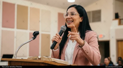 Mujer latina predicando blazer beige microfono atril madera biblia abierta escenario iglesia madera luces calidas horizontal profesional