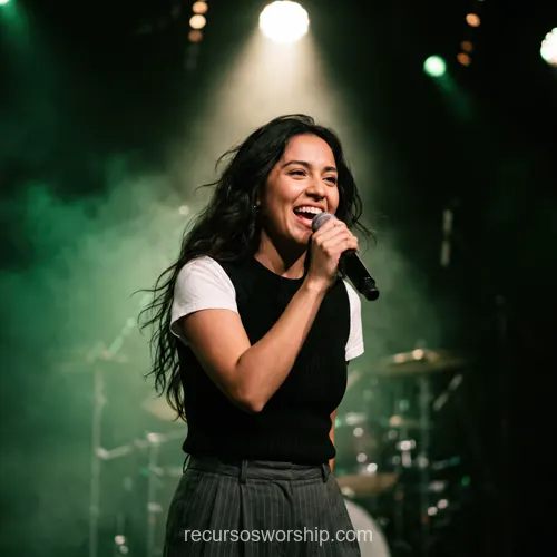 Joven mujer cantando microfono humo verde bateria luces escenario culto adoracion contemporaneo in ear monitor cuadrado oscuro