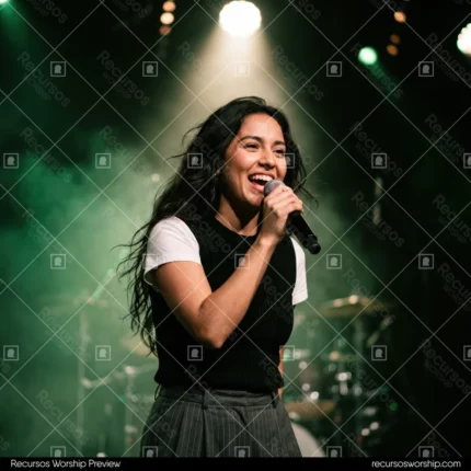 Joven mujer cantando microfono humo verde bateria luces escenario culto adoracion contemporaneo in ear monitor cuadrado oscuro
