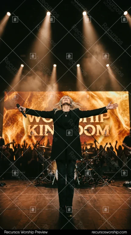 Mujer rubia brazos abiertos microfono pantalla worship kingdom luces escenario vestido oscuro culto adoracion vertical dramatico