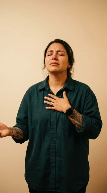 Mujer llorando oracion lagrimas manos juntas tatuajes brazos camiseta verde ojos cerrados intimidad culto adoracion vertical luminoso
