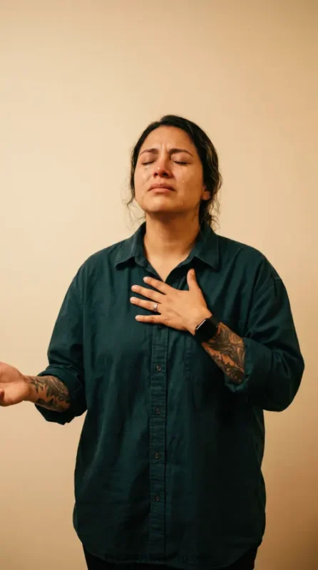 Mujer llorando oracion lagrimas manos juntas tatuajes brazos camiseta verde ojos cerrados intimidad culto adoracion vertical luminoso