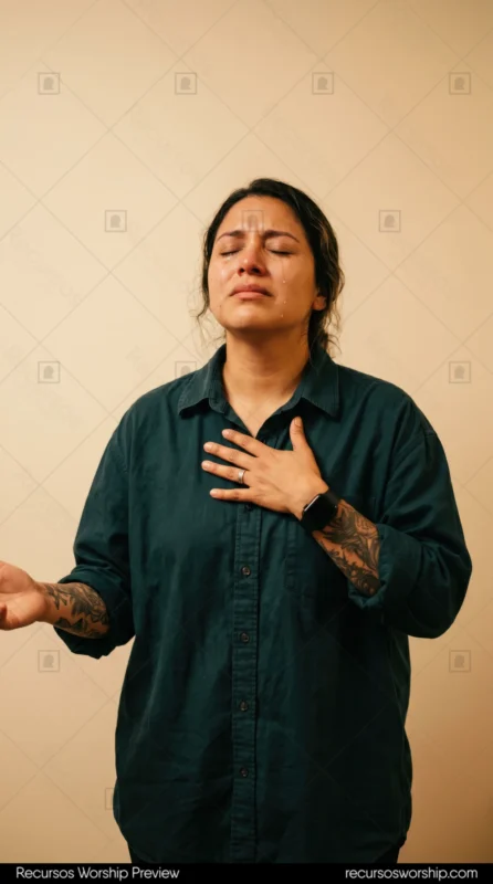 Mujer llorando oracion lagrimas manos juntas tatuajes brazos camiseta verde ojos cerrados intimidad culto adoracion vertical luminoso