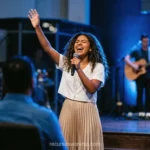 Mujer cantando adoracion microfono vestido oscuro luces azules bateria guitarra banda escenario culto worship cuadrado oscuro