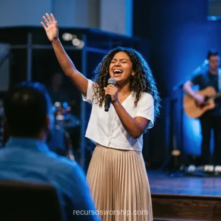 Mujer cantando adoracion microfono vestido oscuro luces azules bateria guitarra banda escenario culto worship cuadrado oscuro