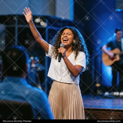 Mujer cantando adoracion microfono vestido oscuro luces azules bateria guitarra banda escenario culto worship cuadrado oscuro