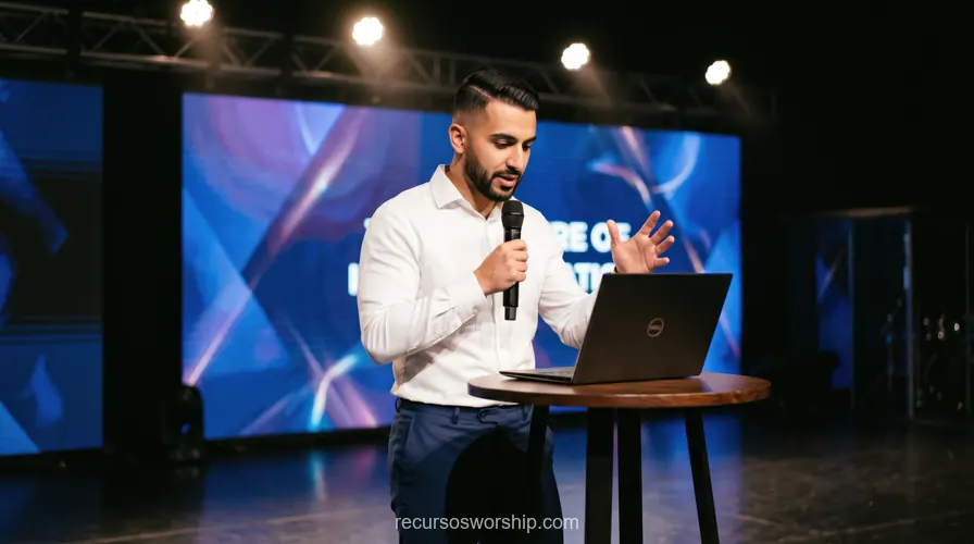 Hombre predicando camisa oscura laptop macbook atril microfono pantalla led escenario culto iglesia contemporanea horizontal oscuro