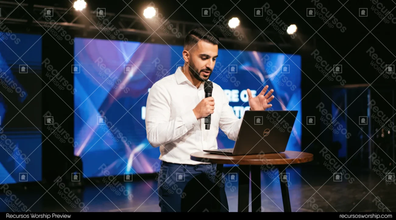 Hombre predicando camisa oscura laptop macbook atril microfono pantalla led escenario culto iglesia contemporanea horizontal oscuro