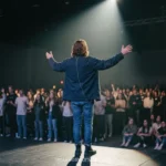Lider adoracion espalda brazos abiertos spotlight camiseta worship juventud congregacion humo luces escenario horizontal oscuro