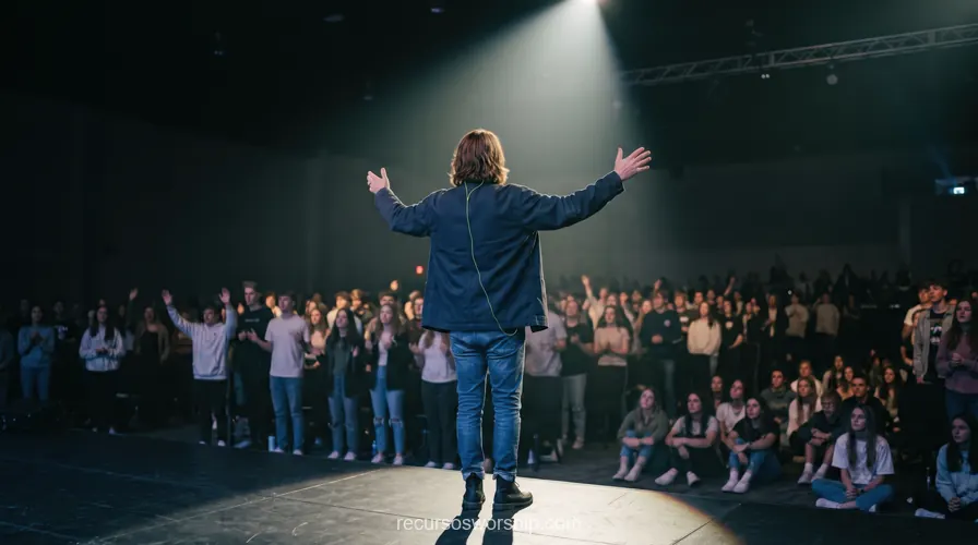 Lider adoracion espalda brazos abiertos spotlight camiseta worship juventud congregacion humo luces escenario horizontal oscuro
