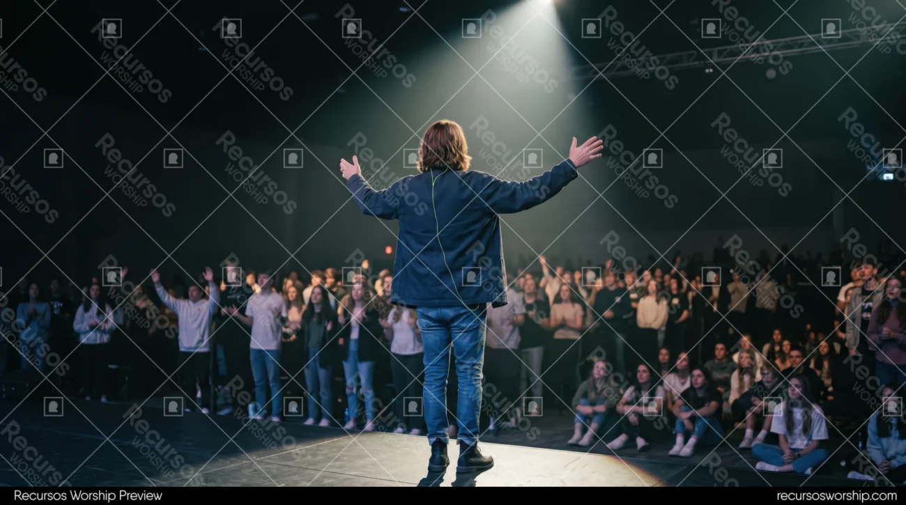 Lider adoracion espalda brazos abiertos spotlight camiseta worship juventud congregacion humo luces escenario horizontal oscuro